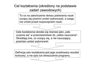 Cel kształcenia (określony na podstawie
          zadań zawodowych)
    To co na zakończenie okresu pobierania nauki
    uczący się powinni umieć wykonywać, a czego
    nie umieli przed rozpoczęciem nauki.


 Cele kształcenia określa się równieŜ jako „cele
 uczenia się” w przeciwieństwie do „celów nauczania”.
 Określają one, co uczący się, a nie nauczający,
 powinien umieć wykonywać.



Definicją celu kształcenia jest jego oczekiwany rezultat
końcowy, a nie opis lub streszczenie programu.
 