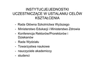 INSTYTUCJE/JEDNOSTKI
UCZESTNICZĄCE W USTALANIU CELÓW
          KSZTAŁCENIA
 - Rada Główna Szkolnictwa WyŜszego
 - Ministerstwo Edukacji i Ministerstwo Zdrowia
 - Konferencja Rektorów/Prorektorów i
   Dziekanów
 - Rada Wydziału
 - Towarzystwa naukowe
 - nauczyciele akademiccy
 - studenci
 