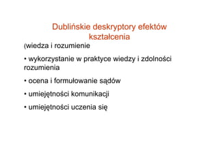 Dublińskie deskryptory efektów
                  kształcenia
(wiedza i rozumienie

• wykorzystanie w praktyce wiedzy i zdolności
rozumienia
• ocena i formułowanie sądów
• umiejętności komunikacji
• umiejętności uczenia się
 