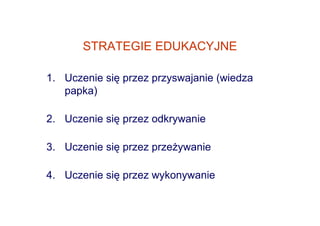 STRATEGIE EDUKACYJNE

1. Uczenie się przez przyswajanie (wiedza
   papka)

2. Uczenie się przez odkrywanie

3. Uczenie się przez przeŜywanie

4. Uczenie się przez wykonywanie
 