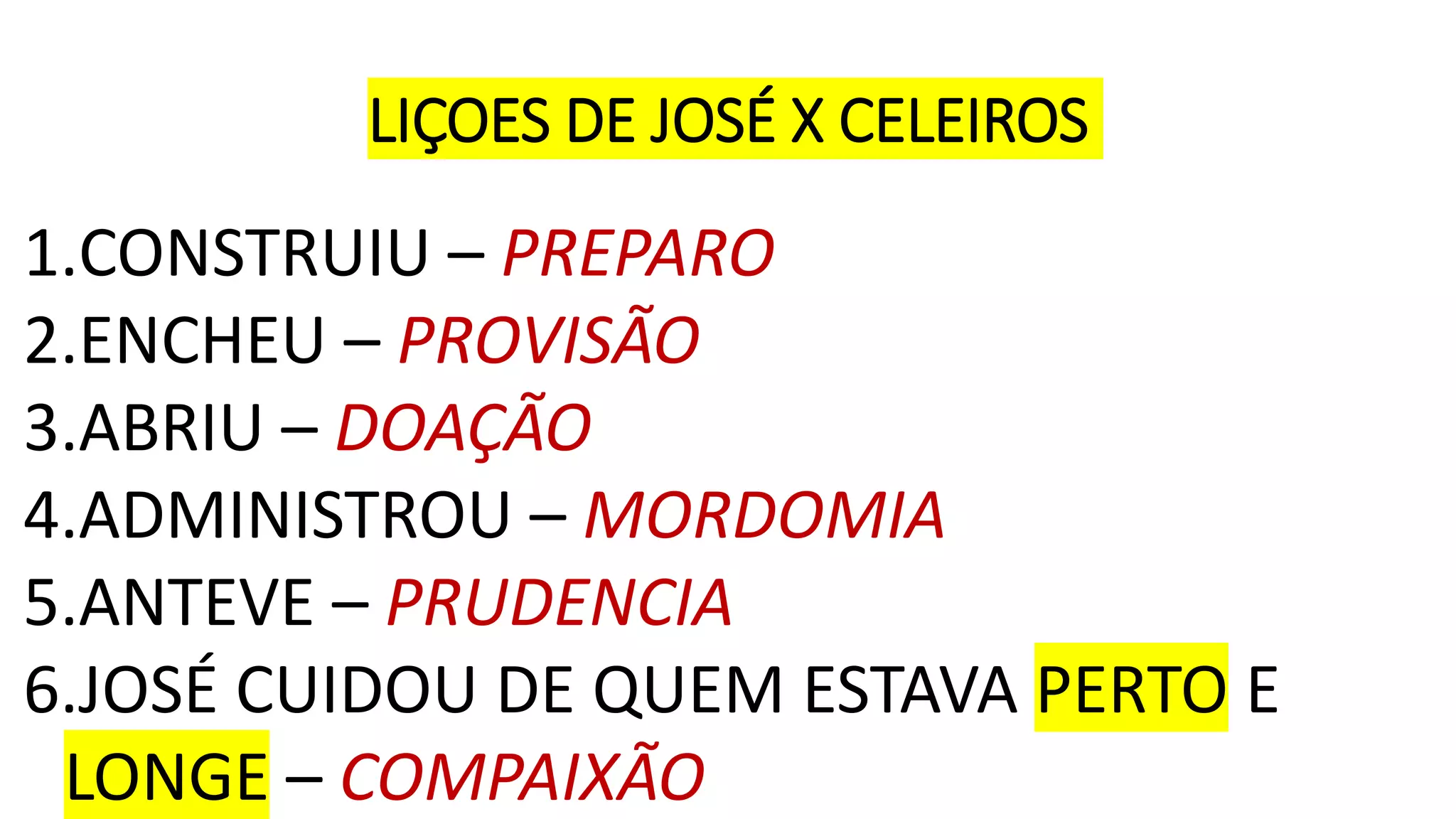 LIÇOES DE JOSÉ X CELEIROS
1.CONSTRUIU – PREPARO
2.ENCHEU – PROVISÃO
3.ABRIU – DOAÇÃO
4.ADMINISTROU – MORDOMIA
5.ANTEVE – PRUDENCIA
6.JOSÉ CUIDOU DE QUEM ESTAVA PERTO E
LONGE – COMPAIXÃO