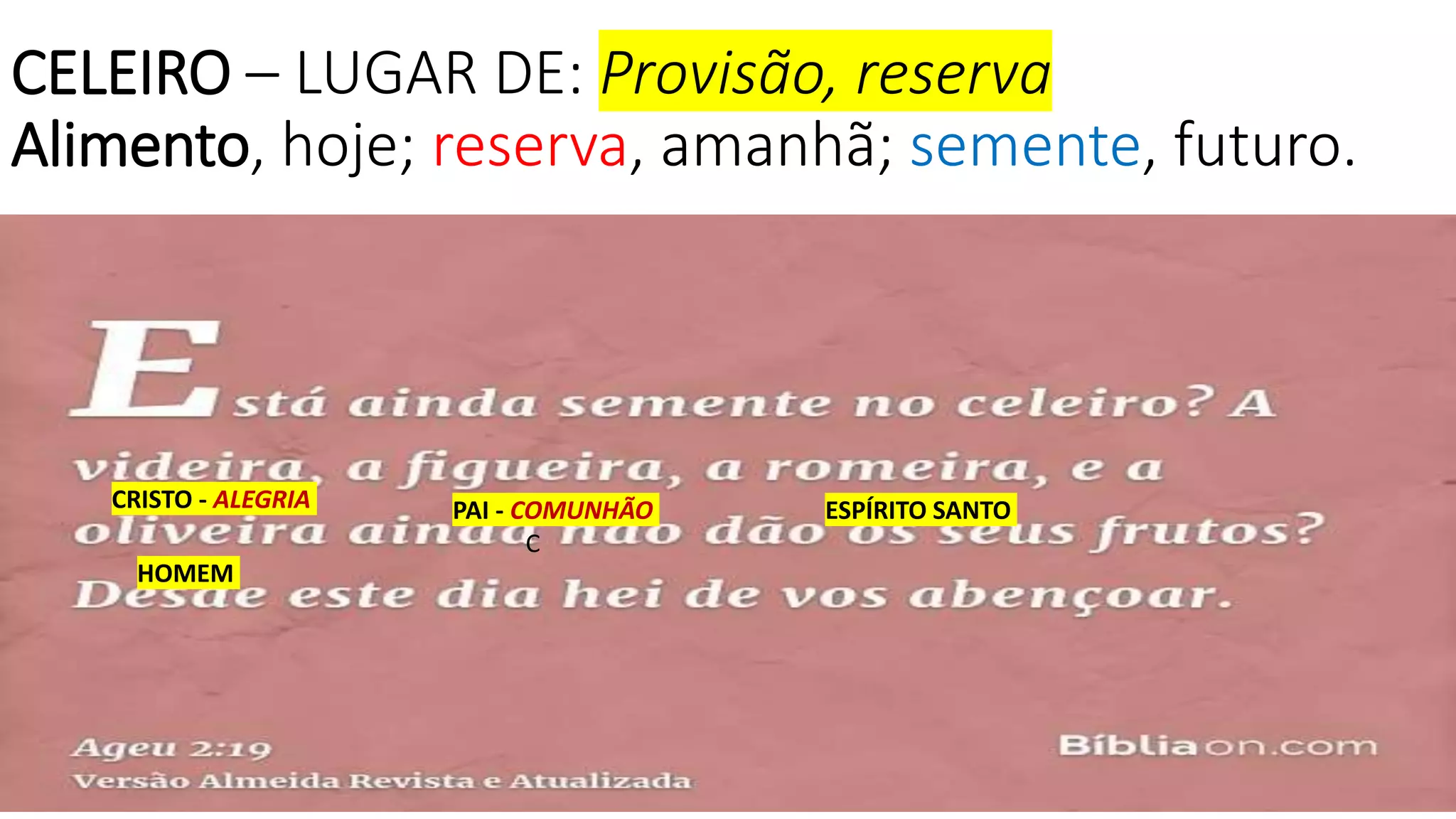 CELEIRO – LUGAR DE: Provisão, reserva
Alimento, hoje; reserva, amanhã; semente, futuro.
CRISTO - ALEGRIA PAI - COMUNHÃO ESPÍRITO SANTO
C
HOMEM