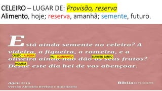 CELEIRO – LUGAR DE: Provisão, reserva
Alimento, hoje; reserva, amanhã; semente, futuro.
CRISTO - ALEGRIA PAI - COMUNHÃO ESPÍRITO SANTO
C
HOMEM
 