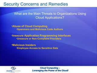 Security Concerns and Remedies  Cloud Computing –  Leveraging the Power of the Cloud! What are the Main Threats to Organizations Using Cloud Applications? Abuse of Cloud Computing Spammers and Malicious Code Authors Insecure Application Programming Interfaces Unsecure or Non-Complaint Providers Malicious Insiders Employee Access to Sensitive Data  