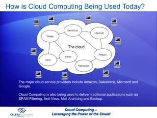 How is Cloud Computing Being Used Today? Cloud Computing –  Leveraging the Power of the Cloud! The major cloud service providers include Amazon, Salesforce, Microsoft and Google. Cloud Computing is also being used to deliver traditional applications such as SPAM Filtering, Anti-Virus, Mail Archiving and Backup. 