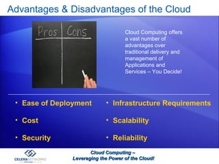Advantages & Disadvantages of the Cloud Cloud Computing –  Leveraging the Power of the Cloud! Cloud Computing offers a vast number of advantages over traditional delivery and management of Applications and Services – You Decide! Ease of Deployment Cost Security Infrastructure Requirements Scalability Reliability 