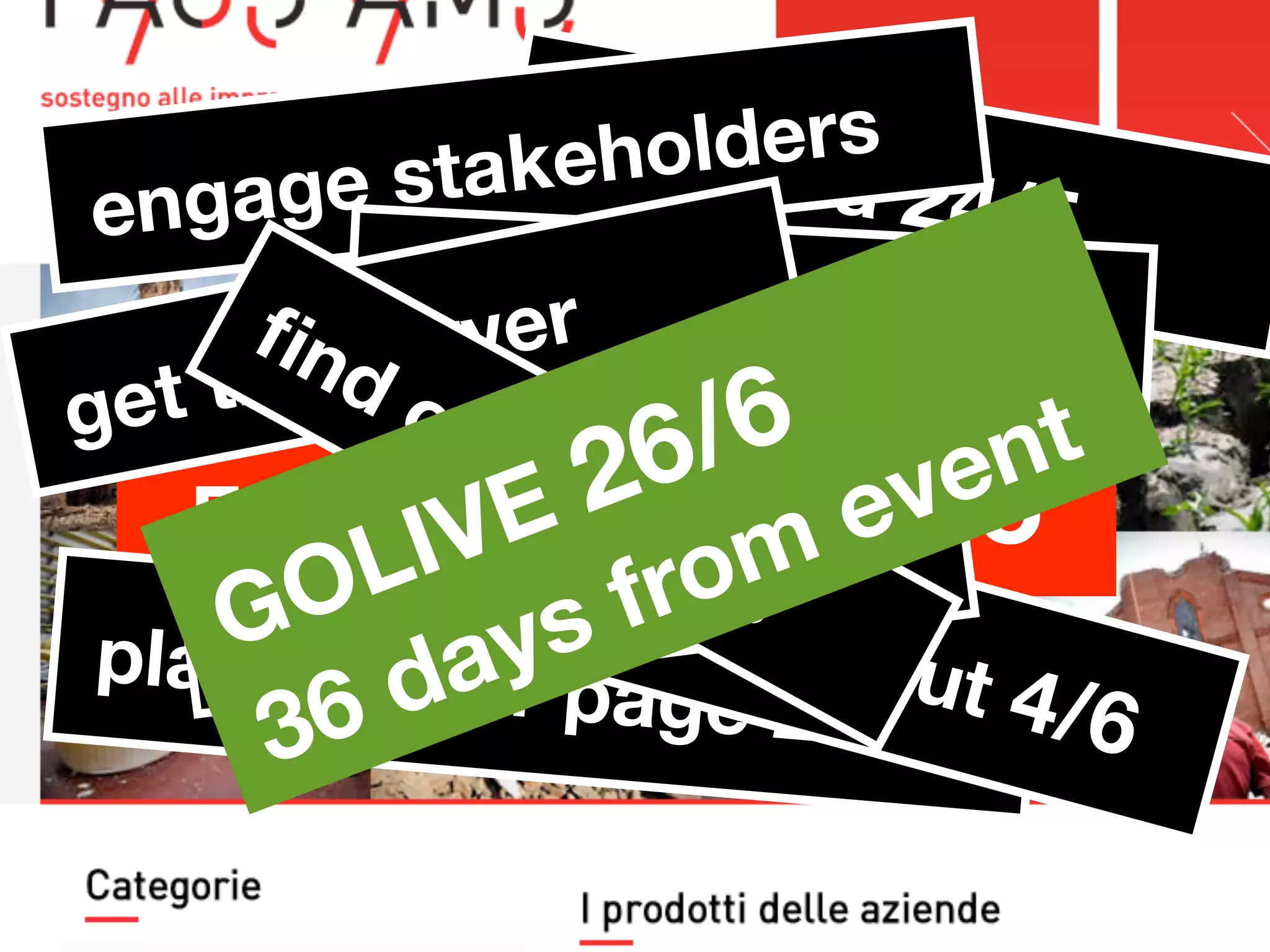 EARTHQUAKE 20/5
ﬁrst idea 24/5engage stakeholders
collect specs 28/5
get the server
placeholder page 27/5
design layout 4/6
hackaton 11-14/6
ﬁnd companies
GOLIVE 26/6
36 days from event
 