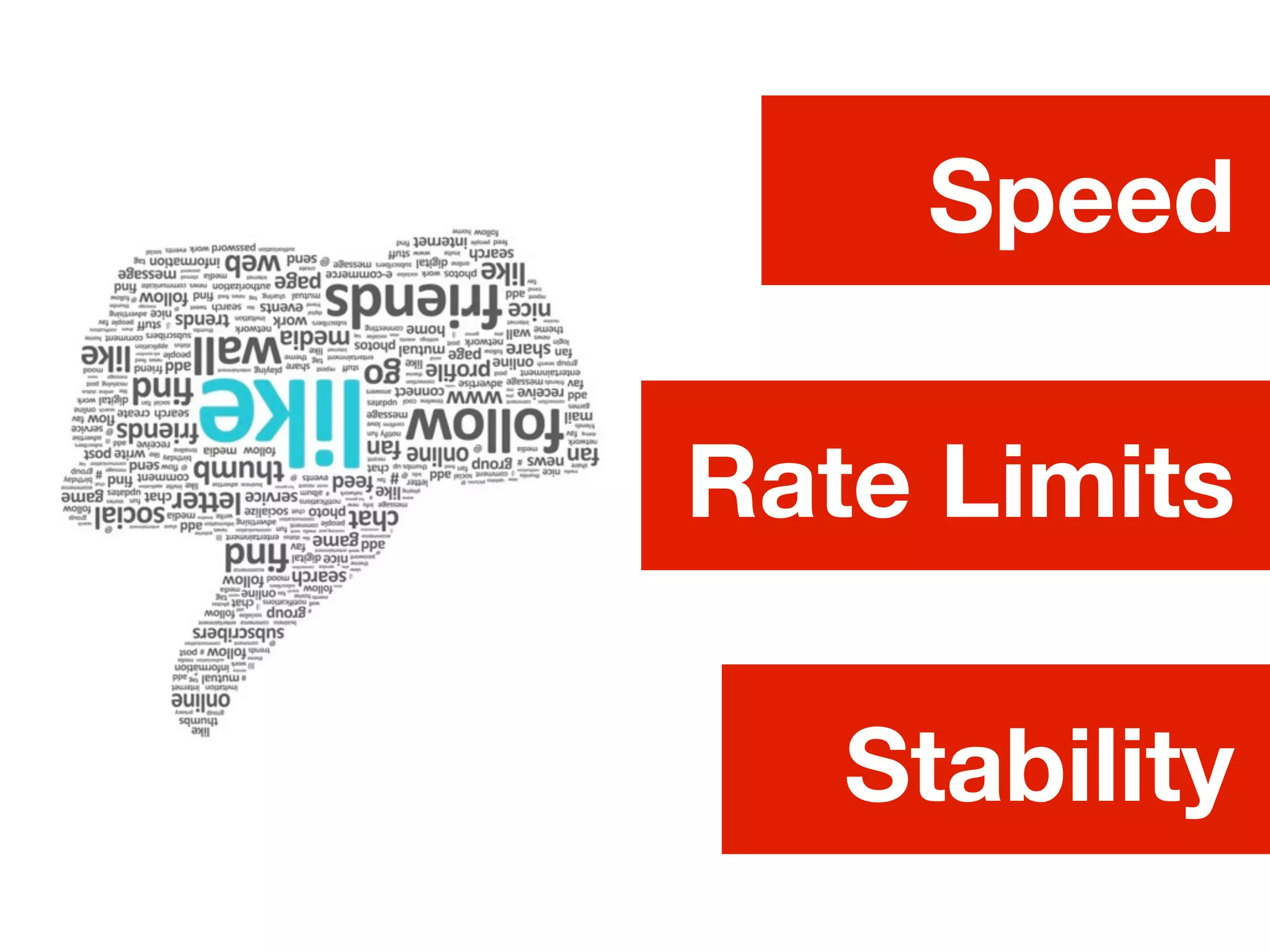 Speed
Rate Limits
Stability
 
