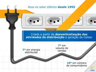 Atua no setor elétrico desde 1955
Criada a partir da desverticalização das
atividades de distribuição e geração da Celesc
7ª em
volume de
vendas7ª em energia
distribuída
10ª em número
de consumidores
 
