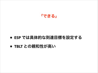 できるできるできるできる
• ESP では具体的な到達目標を設定する
• TBLT との親和性が高い
「できる」できる
 