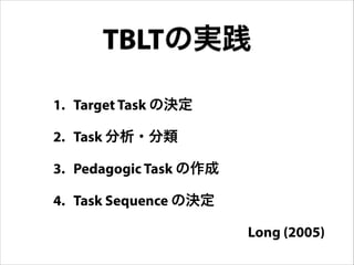 1. Target Task の決定
2. Task 分析・分類
3. Pedagogic Task の作成
4. Task Sequence の決定
TBLTの実践
Long (2005)
 