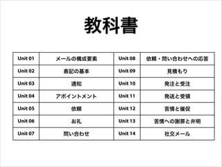 教科書
Unit 01 メールの構成要素 Unit 08 依頼・問い合わせへの応答
Unit 02 表記の基本 Unit 09 見積もり
Unit 03 通知 Unit 10 発注と受注
Unit 04 アポイントメント Unit 11 発送と受領
Unit 05 依頼 Unit 12 苦情と催促
Unit 06 お礼 Unit 13 苦情への謝罪と弁明
Unit 07 問い合わせ Unit 14 社交メール
 