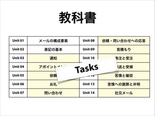教科書
Unit 01 メールの構成要素 Unit 08 依頼・問い合わせへの応答
Unit 02 表記の基本 Unit 09 見積もり
Unit 03 通知 Unit 10 発注と受注
Unit 04 アポイントメント Unit 11 発送と受領
Unit 05 依頼 Unit 12 苦情と催促
Unit 06 お礼 Unit 13 苦情への謝罪と弁明
Unit 07 問い合わせ Unit 14 社交メール
Tasks
 