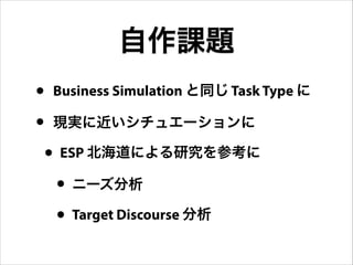 自作課題
• Business Simulation と同じ Task Type に
• 現実に近いシチュエーションに
• ESP 北海道による研究を参考に
• ニーズ分析
• Target Discourse 分析
 