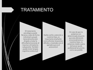 TRATAMIENTO
El tratamiento
psicológico puede
llevarse a cabo de forma
individual o grupal.
Generalmente está
dirigido a tratar la
dificultad emocional, el
trauma o el trastorno
subyacente.También
puede incluir terapia
cognitiva conductual.
Darles cariño y atención a
nuestros hijos, es
importante enseñarles
como afrontar situaciones
dificiles y mostrales con el
ejemplo que es el
autocontrol
En caso de que no
podamos con
determinada situación
que esta afectando
emocionalmente a
nuestros hijos, no
sintamos miedo o pena
de buscar ayuda
profesional tan pronto
como sea posible
 