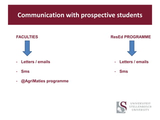 Communication with prospective students
FACULTIES ResEd PROGRAMME
- Letters / emails
- Sms
- @AgriMaties programme
- Letters / emails
- Sms
 