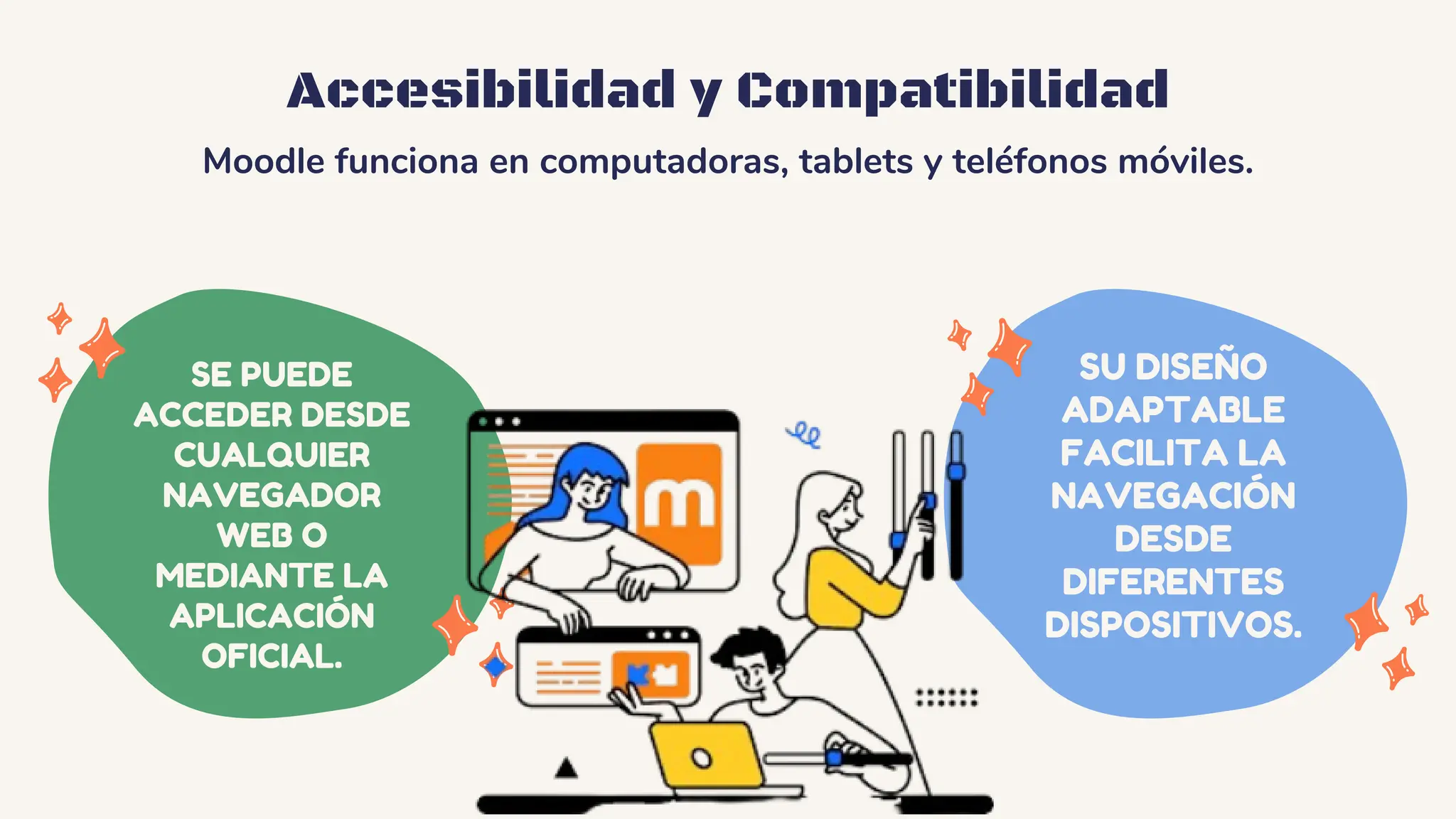 SU DISEÑO
ADAPTABLE
FACILITA LA
NAVEGACIÓN
DESDE
DIFERENTES
DISPOSITIVOS.
Accesibilidad y Compatibilidad
SE PUEDE
ACCEDER DESDE
CUALQUIER
NAVEGADOR
WEB O
MEDIANTE LA
APLICACIÓN
OFICIAL.
Moodle funciona en computadoras, tablets y teléfonos móviles.
 