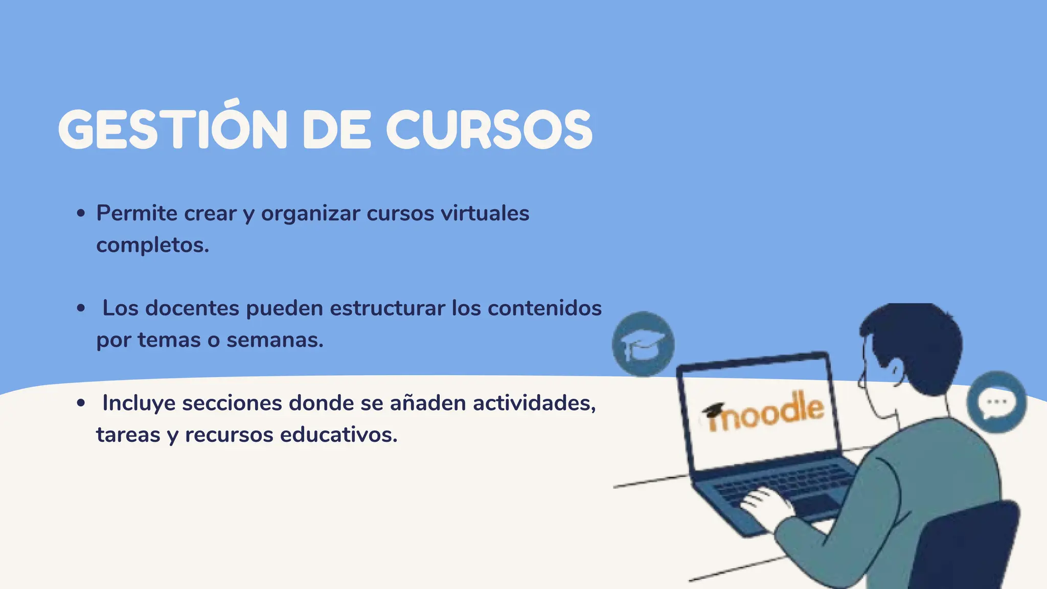 GESTIÓN DE CURSOS
Permite crear y organizar cursos virtuales
completos.
Los docentes pueden estructurar los contenidos
por temas o semanas.
Incluye secciones donde se añaden actividades,
tareas y recursos educativos.
 