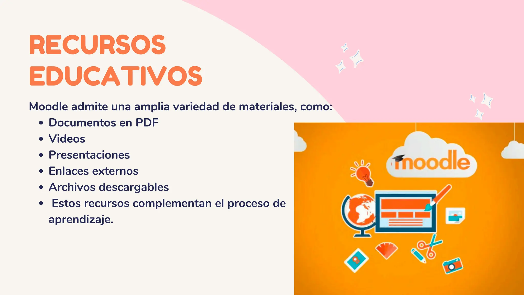 RECURSOS
EDUCATIVOS
Moodle admite una amplia variedad de materiales, como:
Documentos en PDF
Videos
Presentaciones
Enlaces externos
Archivos descargables
Estos recursos complementan el proceso de
aprendizaje.
 