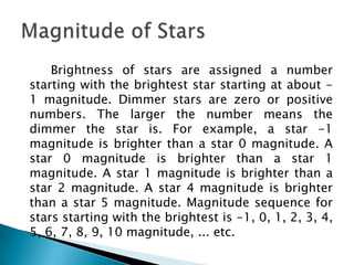 		Brightness of stars are assigned a number starting with the brightest star starting at about -1 magnitude. Dimmer stars are zero or positive numbers. The larger the number means the dimmer the star is. For example, a star -1 magnitude is brighter than a star 0 magnitude. A star 0 magnitude is brighter than a star 1 magnitude. A star 1 magnitude is brighter than a star 2 magnitude. A star 4 magnitude is brighter than a star 5 magnitude. Magnitude sequence for stars starting with the brightest is -1, 0, 1, 2, 3, 4, 5, 6, 7, 8, 9, 10 magnitude, ... etc. Magnitude of Stars