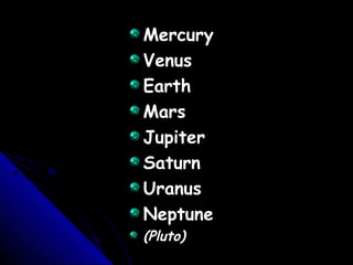 Mercury
Venus
Earth
Mars
Jupiter
Saturn
Uranus
Neptune
(Pluto)

 