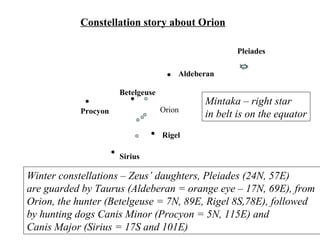 Aldeberan
Betelgeuse
Rigel
Sirius
Procyon Orion
Constellation story about Orion
Pleiades
Winter constellations – Zeus’ daughters, Pleiades (24N, 57E)
are guarded by Taurus (Aldeberan = orange eye – 17N, 69E), from
Orion, the hunter (Betelgeuse = 7N, 89E, Rigel 8S,78E), followed
by hunting dogs Canis Minor (Procyon = 5N, 115E) and
Canis Major (Sirius = 17S and 101E)
Mintaka – right star
in belt is on the equator
 