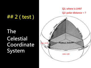 ## 2 ( test )
The
Celestial
Coordinate
System
Dec=23.5
Q1: where is LHA?
Q2: polar distance = ?
LHA=120
 