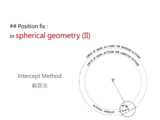 Intercept Method
截距法
## Position fix :
in spherical geometry (II)
 