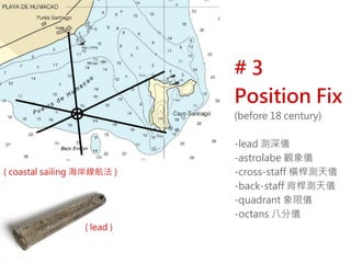 # 3
Position Fix
(before 18 century)
-lead 測深儀
-astrolabe 觀象儀
-cross-staff 橫桿測天儀
-back-staff 背桿測天儀
-quadrant 象限儀
-octans 八分儀
( coastal sailing 海岸線航法 )
( lead )
 