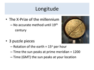 LongitudeThe X-Prize of the millenniumNo accurate method until 19thcentury3 puzzle piecesRotation of the earth = 15o per hourTime the sun peaks at prime meridian = 1200Time (GMT) the sun peaks at your location