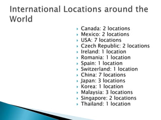 Canada: 2 locationsMexico: 2 locationsUSA: 7 locationsCzech Republic: 2 locationsIreland: 1 locationRomania: 1 locationSpain: 1 locationSwitzerland: 1 locationChina: 7 locationsJapan: 3 locationsKorea: 1 locationMalaysia: 3 locationsSingapore: 2 locationsThailand: 1 locationInternational Locations around the World
