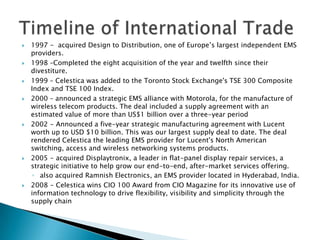 1997 -  acquired Design to Distribution, one of Europe’s largest independent EMS providers. 1998 –Completed the eight acquisition of the year and twelfth since their divestiture. 1999 – Celestica was added to the Toronto Stock Exchange's TSE 300 Composite Index and TSE 100 Index.2000 – announced a strategic EMS alliance with Motorola, for the manufacture of wireless telecom products. The deal included a supply agreement with an estimated value of more than US$1 billion over a three-year period2002 - Announced a five-year strategic manufacturing agreement with Lucent worth up to USD $10 billion. This was our largest supply deal to date. The deal rendered Celestica the leading EMS provider for Lucent's North American switching, access and wireless networking systems products.2005 - acquired Displaytronix, a leader in flat-panel display repair services, a strategic initiative to help grow our end-to-end, after-market services offering.also acquired Ramnish Electronics, an EMS provider located in Hyderabad, India.2008 - Celestica wins CIO 100 Award from CIO Magazine for its innovative use of information technology to drive flexibility, visibility and simplicity through the supply chainTimeline of International Trade