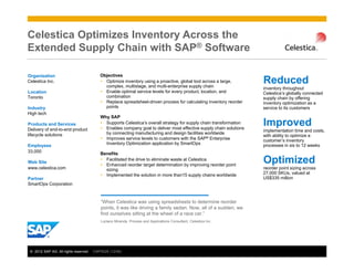 Celestica Optimizes Inventory Across the
Extended Supply Chain with SAP® Software

Organization                              Objectives
Celestica Inc.                             Optimize inventory using a proactive, global tool across a large,
                                            complex, multistage, and multi-enterprise supply chain
                                                                                                                    Reduced
                                                                                                                    inventory throughout
Location                                   Enable optimal service levels for every product, location, and          Celestica’s globally connected
Toronto                                     combination                                                             supply chain by offering
                                           Replace spreadsheet-driven process for calculating inventory reorder    inventory optimization as a
Industry                                    points                                                                  service to its customers
High tech
                                          Why SAP
Products and Services
Delivery of end-to-end product
                                           Supports Celestica’s overall strategy for supply chain transformation
                                           Enables company goal to deliver most effective supply chain solutions
                                                                                                                    Improved
                                                                                                                    implementation time and costs,
lifecycle solutions                         by connecting manufacturing and design facilities worldwide
                                                                                                                    with ability to optimize a
                                           Improves service levels to customers with the SAP® Enterprise           customer’s inventory
Employees                                   Inventory Optimization application by SmartOps                          processes in six to 12 weeks
33,000                                    Benefits
Web Site
                                           Facilitated the drive to eliminate waste at Celestica
                                           Enhanced reorder target determination by improving reorder point
                                                                                                                    Optimized
www.celestica.com                           sizing                                                                  reorder point sizing across
                                           Implemented the solution in more than15 supply chains worldwide         27,000 SKUs, valued at
Partner                                                                                                             US$335 million
SmartOps Corporation



                                           “When Celestica was using spreadsheets to determine reorder
                                           points, it was like driving a family sedan. Now, all of a sudden, we
                                           find ourselves sitting at the wheel of a race car.”
                                           Luciano Miranda, Process and Applications Consultant, Celestica Inc.




 © 2012 SAP AG. All rights reserved.   CMP5026 (12/08)
 