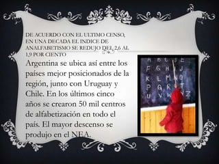 DE ACUERDO CON EL ULTIMO CENSO,
EN UNA DECADA EL INDICE DE
ANALFABETISMO SE REDUJO DEL 2,6 AL
1,9 POR CIENTO

Argentina se ubica así entre los
países mejor posicionados de la
región, junto con Uruguay y
Chile. En los últimos cinco
años se crearon 50 mil centros
de alfabetización en todo el
país. El mayor descenso se
produjo en el NEA.

 