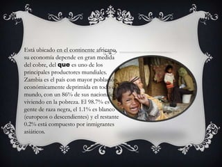Está ubicado en el continente africano,
su economía depende en gran medida
del cobre, del que es uno de los
principales productores mundiales.
Zambia es el país con mayor población
económicamente deprimida en todo el
mundo, con un 86% de sus nacionales
viviendo en la pobreza. El 98.7% es
gente de raza negra, el 1.1% es blanco
(europeos o descendientes) y el restante
0.2% está compuesto por inmigrantes
asiáticos.

 