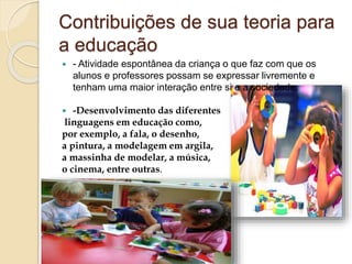 Contribuições de sua teoria para
a educação
 - Atividade espontânea da criança o que faz com que os
alunos e professores possam se expressar livremente e
tenham uma maior interação entre si e a sociedade.
 -Desenvolvimento das diferentes
linguagens em educação como,
por exemplo, a fala, o desenho,
a pintura, a modelagem em argila,
a massinha de modelar, a música,
o cinema, entre outras.
 