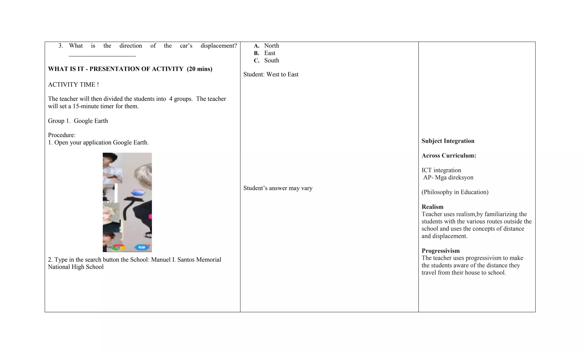 3. What is the direction of the car’s displacement?
_____________________
WHAT IS IT - PRESENTATION OF ACTIVITY (20 mins)
ACTIVITY TIME !
The teacher will then divided the students into 4 groups. The teacher
will set a 15-minute timer for them.
Group 1. Google Earth
Procedure:
1. Open your application Google Earth.
2. Type in the search button the School: Manuel I. Santos Memorial
National High School
A. North
B. East
C. South
Student: West to East
Student’s answer may vary
Subject Integration
Across Curriculum:
ICT integration
AP- Mga direksyon
(Philosophy in Education)
Realism
Teacher uses realism,by familiarizing the
students with the various routes outside the
school and uses the concepts of distance
and displacement.
Progressivism
The teacher uses progressivism to make
the students aware of the distance they
travel from their house to school.
 