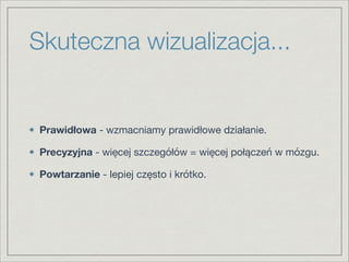 Skuteczna wizualizacja...
Prawidłowa - wzmacniamy prawidłowe działanie.

Precyzyjna - więcej szczegółów = więcej połączeń w mózgu.

Powtarzanie - lepiej często i krótko.
 