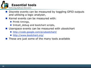 Delivering Software Innovation
30
Essential tools
 Discrete events can be measured by toggling GPIO outputs
and utilising a logic analyser,
 Kernel events can be measured with:
 Printk timings,
 Initcall_debug and bootchart scripts,
 Userspace events can be measured with ubootchart
 http://code.google.com/p/ubootchart/
 http://www.bootchart.org/
 These are just some of the many tools available
 