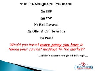 THE INADEQUATE MESSAGE
No USP
No VSP
No Risk Reversal
No Offer & Call To Action
No Proof

Would you invest every penny you have in
taking your current message to the market?
…..but let’s assume you get all that right…

 