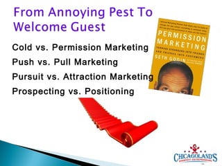 Cold vs. Permission Marketing
Push vs. Pull Marketing
Pursuit vs. Attraction Marketing
Prospecting vs. Positioning

12

 