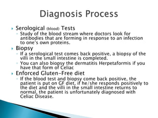 Prevention: unknown because there is an unknown cause of the diseaseTreatment: lifelong Gluten-Free dietPrognosis: Although the GF diet allows the villi to heal and patients to live a happy, healthy life, the disease will never go awayPrevention/Treatment/Prognosis