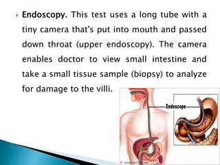  Endoscopy. This test uses a long tube with a
tiny camera that's put into mouth and passed
down throat (upper endoscopy). The camera
enables doctor to view small intestine and
take a small tissue sample (biopsy) to analyze
for damage to the villi.
 