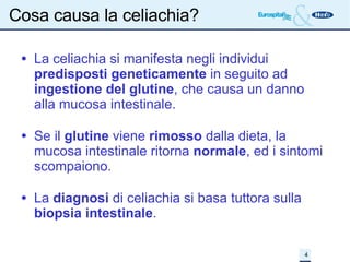 Cosa causa la celiachia? La celiachia si manifesta negli individui  predisposti geneticamente  in seguito ad  ingestione del glutine , che causa un danno alla mucosa intestinale. Se il  glutine  viene  rimosso  dalla dieta, la mucosa intestinale ritorna  normale , ed i sintomi scompaiono. La  diagnosi  di celiachia si basa tuttora sulla  biopsia intestinale .  