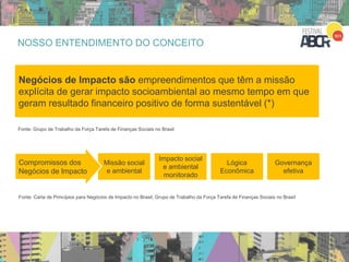 Negócios de Impacto são empreendimentos que têm a missão
explícita de gerar impacto socioambiental ao mesmo tempo em que
geram resultado financeiro positivo de forma sustentável (*)
Missão social
e ambiental
Impacto social
e ambiental
monitorado
Lógica
Econômica
Governança
efetiva
Compromissos dos
Negócios de Impacto
Fonte: Carta de Princípios para Negócios de Impacto no Brasil; Grupo de Trabalho da Força Tarefa de Finanças Sociais no Brasil
Fonte: Grupo de Trabalho da Força Tarefa de Finanças Sociais no Brasil
NOSSO ENTENDIMENTO DO CONCEITO
 