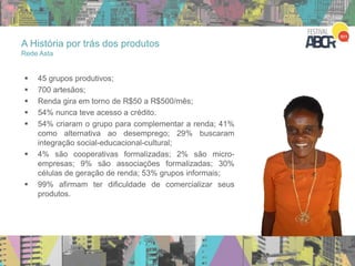 Grupos produtivos
 45 grupos produtivos;
 700 artesãos;
 Renda gira em torno de R$50 a R$500/mês;
 54% nunca teve acesso a crédito.
 54% criaram o grupo para complementar a renda; 41%
como alternativa ao desemprego; 29% buscaram
integração social-educacional-cultural;
 4% são cooperativas formalizadas; 2% são micro-
empresas; 9% são associações formalizadas; 30%
células de geração de renda; 53% grupos informais;
 99% afirmam ter dificuldade de comercializar seus
produtos.
A História por trás dos produtos
Rede Asta
 