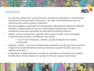 CONTEXTO
• Os recursos tradicionais –governamental, doações de organismos internacionais,
investimento social privado e filantropia – têm sido insuficientes para suprir as
demandas dos setores social e ambiental;
• Na última década, as doações de organizações internacionais reduziram (R$ 500
milhões) e estão focada em poucas organizações de educação, saúde e
assistência social que participam da execução de políticas públicas.
• Apesar do leve crescimento, segundo último censo do Gife, seus associados
investiram cerca de R$ 2,3 bilhões por ano (2012)
• 1/2 vem de 3 fundações. Destas, poucas fundações tem fundos
patrimoniais
• Segundo o BISC, o recurso investido pelas empresas e fundacoes está crescendo.
A agenda da sustentabilidade mobilizou recursos e suporte de OSC para uma
agenda corporativa
• A legislação no Brasil estimula a doação de indivíduos e empresas para projetos
incentivados. Ambos utilizam um parcela mínima do recurso incentivado.
 
