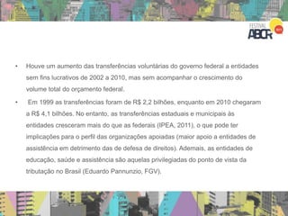 • Houve um aumento das transferências voluntárias do governo federal a entidades
sem fins lucrativos de 2002 a 2010, mas sem acompanhar o crescimento do
volume total do orçamento federal.
• Em 1999 as transferências foram de R$ 2,2 bilhões, enquanto em 2010 chegaram
a R$ 4,1 bilhões. No entanto, as transferências estaduais e municipais às
entidades cresceram mais do que as federais (IPEA, 2011), o que pode ter
implicações para o perfil das organizações apoiadas (maior apoio a entidades de
assistência em detrimento das de defesa de direitos). Ademais, as entidades de
educação, saúde e assistência são aquelas privilegiadas do ponto de vista da
tributação no Brasil (Eduardo Pannunzio, FGV).
 