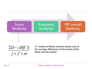 Score         Frequency                     MF overall
     Similarity       Similarity                   Similarity



 (1 | diff |)   0-1 scaled similarity measure based only on
                  the average differences of the scores of the

  j f m         father and the mother.




17                   Sales & Wakker, JOCLAD 2010
 