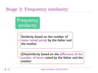 Stage 2: Frequency similarity

     Frequency
      similarity

       Similarity based on the number of
       items raised jointly by the father and
       the mother


       (Dis)similarity based on the difference of the
       number of items raised by the father and the
       mother

18                   Sales & Wakker, JOCLAD 2010
 